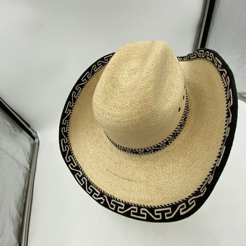 Large Straw Cowboy Hat Beige Black Greek Key Trim Western Rodeo Festival Charro